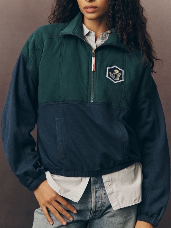 Pilcro Sweaters - Pilcro Green and Navy Half-Zip Pullover Sweatshirt with Embroidered Patch, Large
